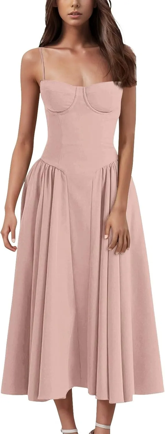 Corset Dress for Women Spaghetti Strap Bustier Pleated Hem Low Cut Midi Party Dresses 2025 Prom Dress with Pockets