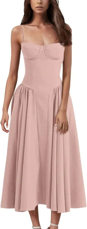 Corset Dress for Women Spaghetti Strap Bustier Pleated Hem Low Cut Midi Party Dresses 2025 Prom Dress with Pockets