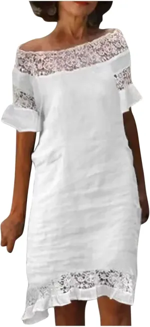 Cotton Linen Dresses for Women Summer 3/4 Sleeve Midi Dresses V Neck Tshirt Dress Knee Length Shift Dresses