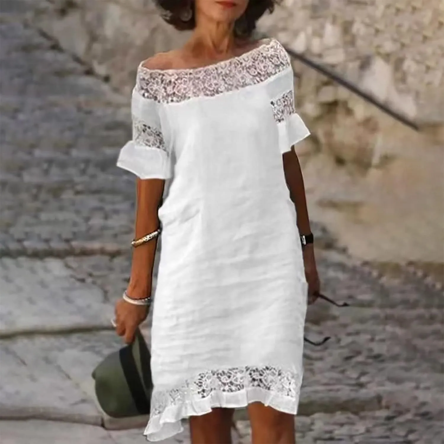 Cotton Linen Dresses for Women Summer 3/4 Sleeve Midi Dresses V Neck Tshirt Dress Knee Length Shift Dresses