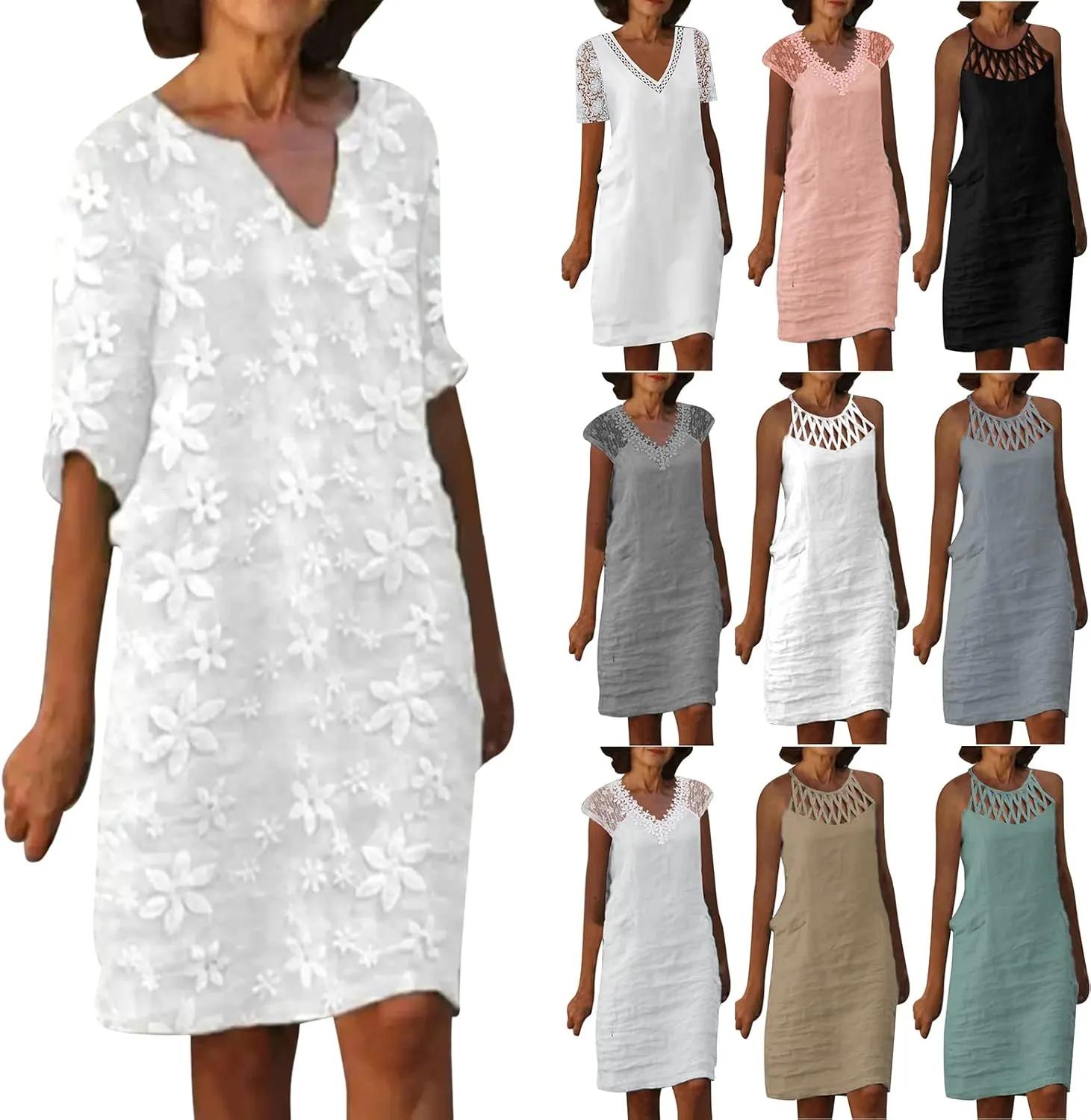 Cotton Linen Dresses for Women Summer 3/4 Sleeve Midi Dresses V Neck Tshirt Dress Knee Length Shift Dresses