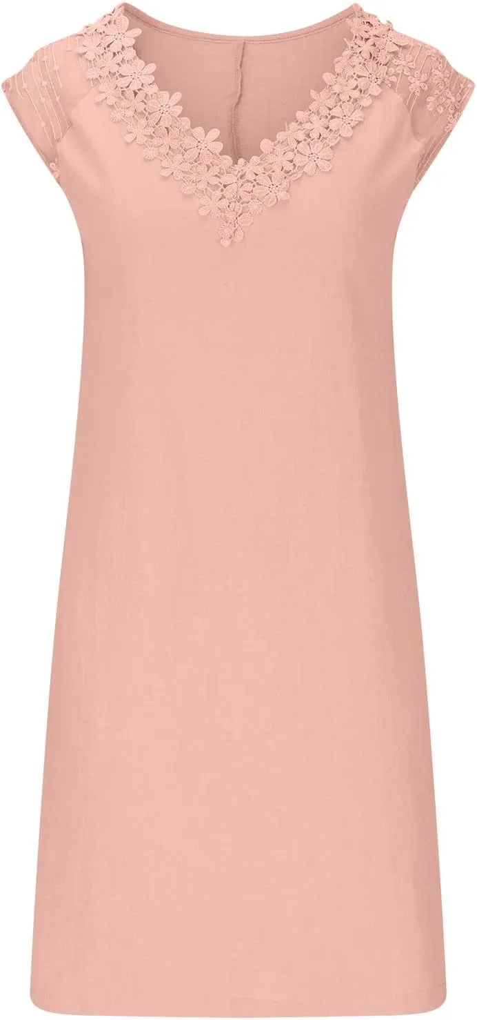 Cotton Linen Dresses for Women Summer 3/4 Sleeve Midi Dresses V Neck Tshirt Dress Knee Length Shift Dresses