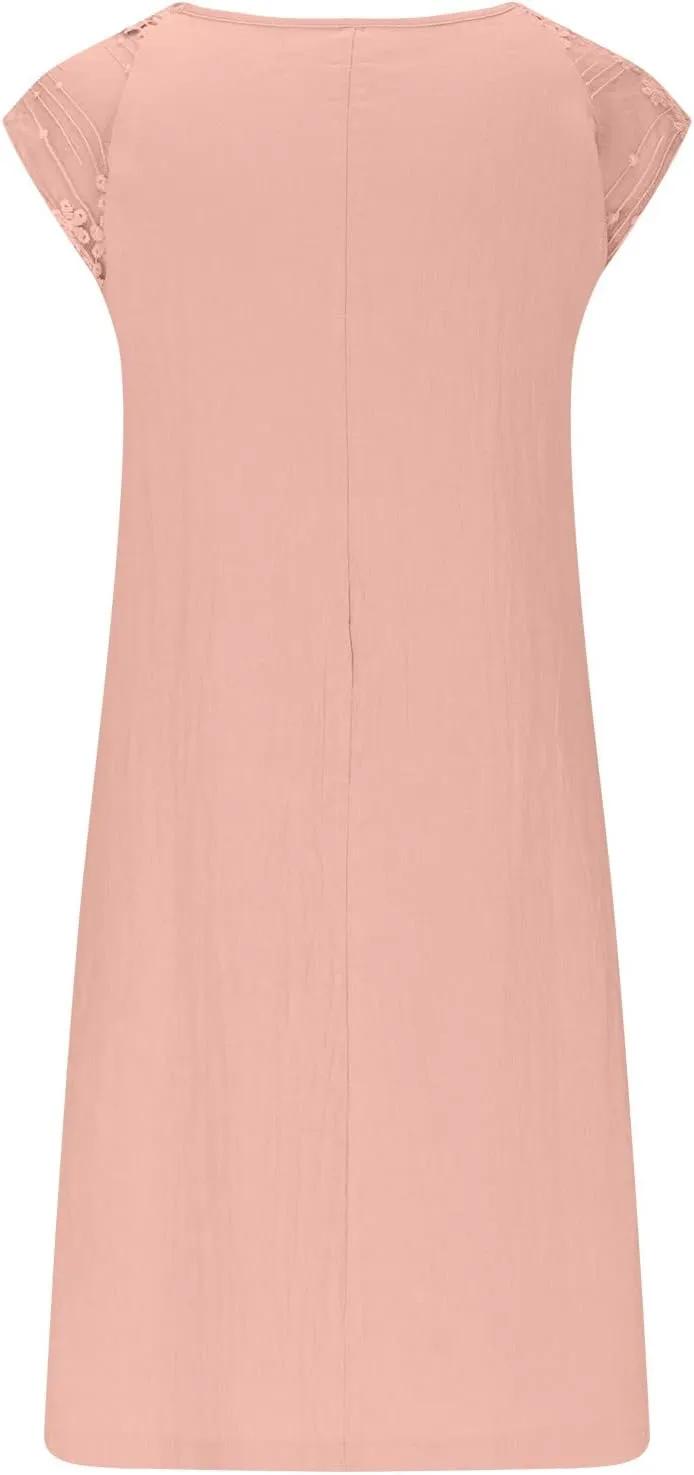 Cotton Linen Dresses for Women Summer 3/4 Sleeve Midi Dresses V Neck Tshirt Dress Knee Length Shift Dresses