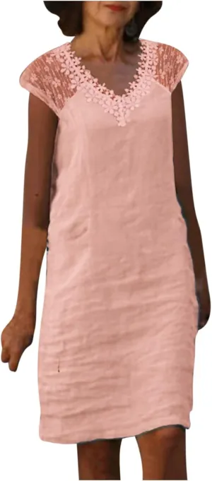 Cotton Linen Dresses for Women Summer 3/4 Sleeve Midi Dresses V Neck Tshirt Dress Knee Length Shift Dresses