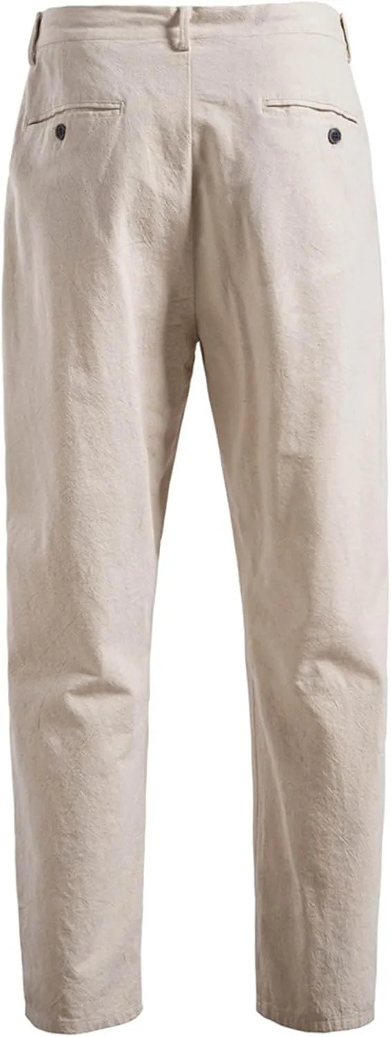 Cotton Linen Pants for Men Beach Summer Casual Elastic Waist Drawstring Pants Lightweight Linen Trousers