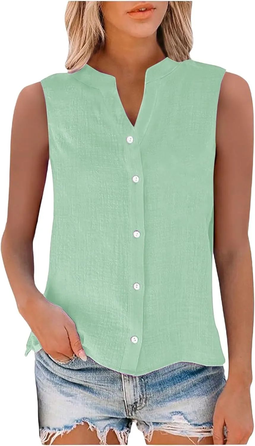 Cotton Linen Shirts for Women Sleeveless Collared Tops Oversized Button Up Blouses Work Shirts Casual Summer Tshirt