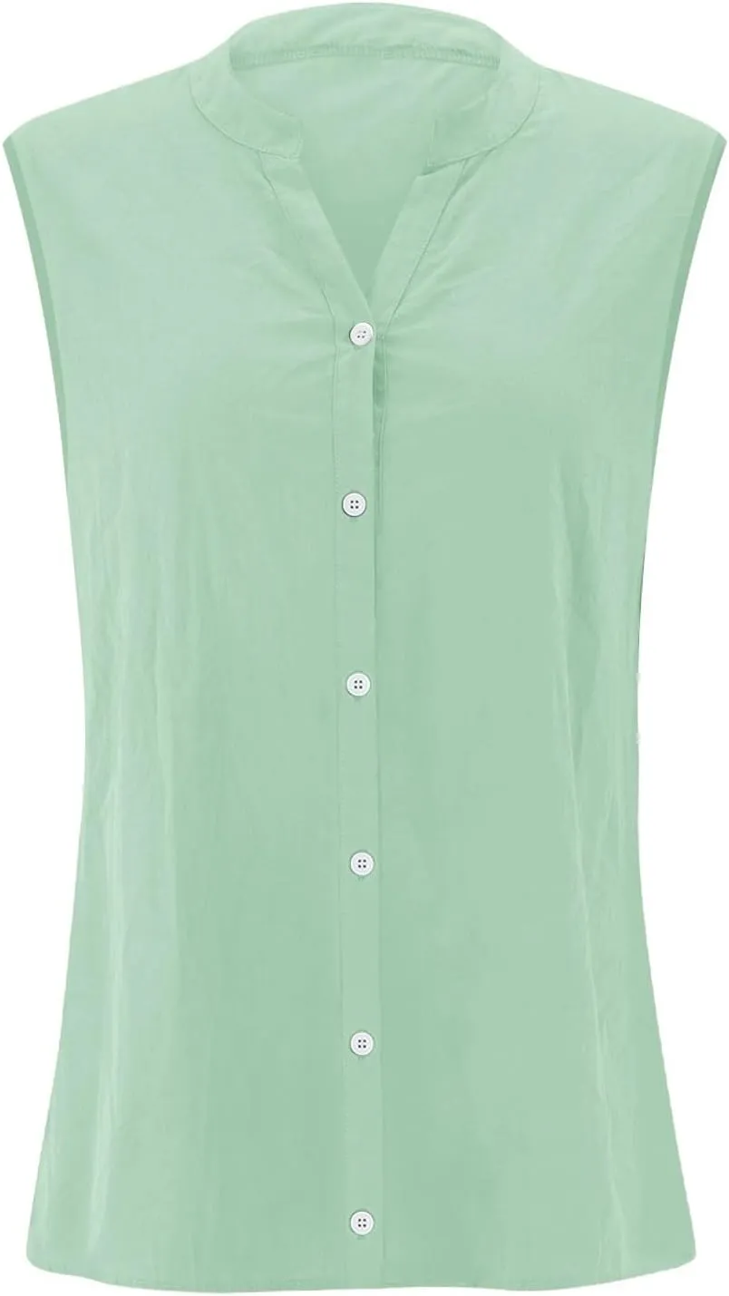 Cotton Linen Shirts for Women Sleeveless Collared Tops Oversized Button Up Blouses Work Shirts Casual Summer Tshirt