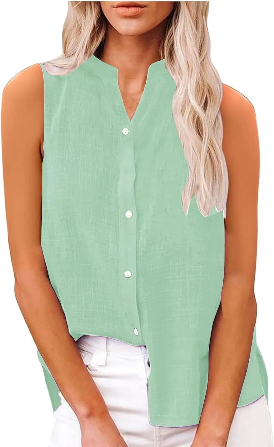 Cotton Linen Shirts for Women Sleeveless Collared Tops Oversized Button Up Blouses Work Shirts Casual Summer Tshirt