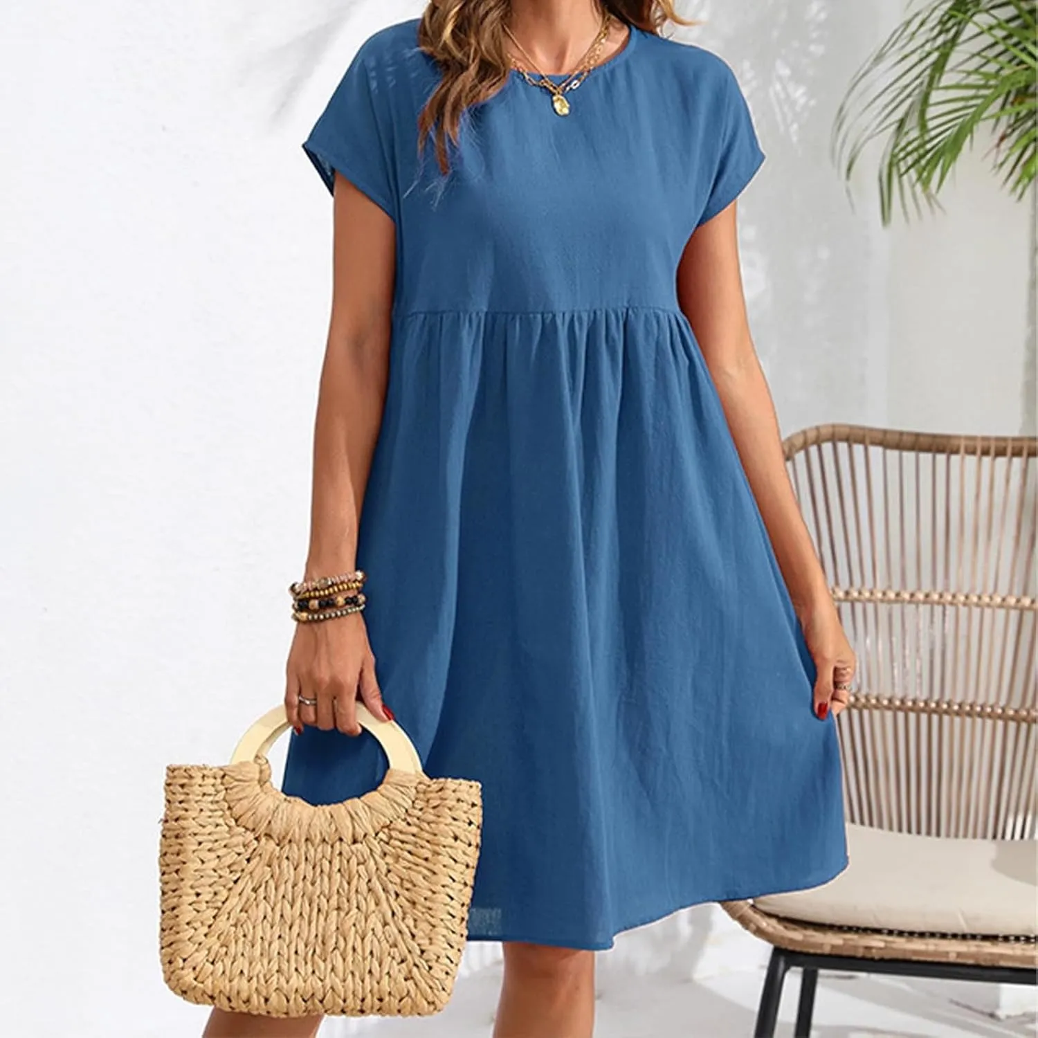 Cotton Linen Summer Midi Dresses for Women 2025 Vacation Casual Short Sleeve Crewneck Tshirt Dress A-Line Mini Dress