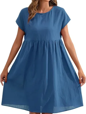 Cotton Linen Summer Midi Dresses for Women 2025 Vacation Casual Short Sleeve Crewneck Tshirt Dress A-Line Mini Dress