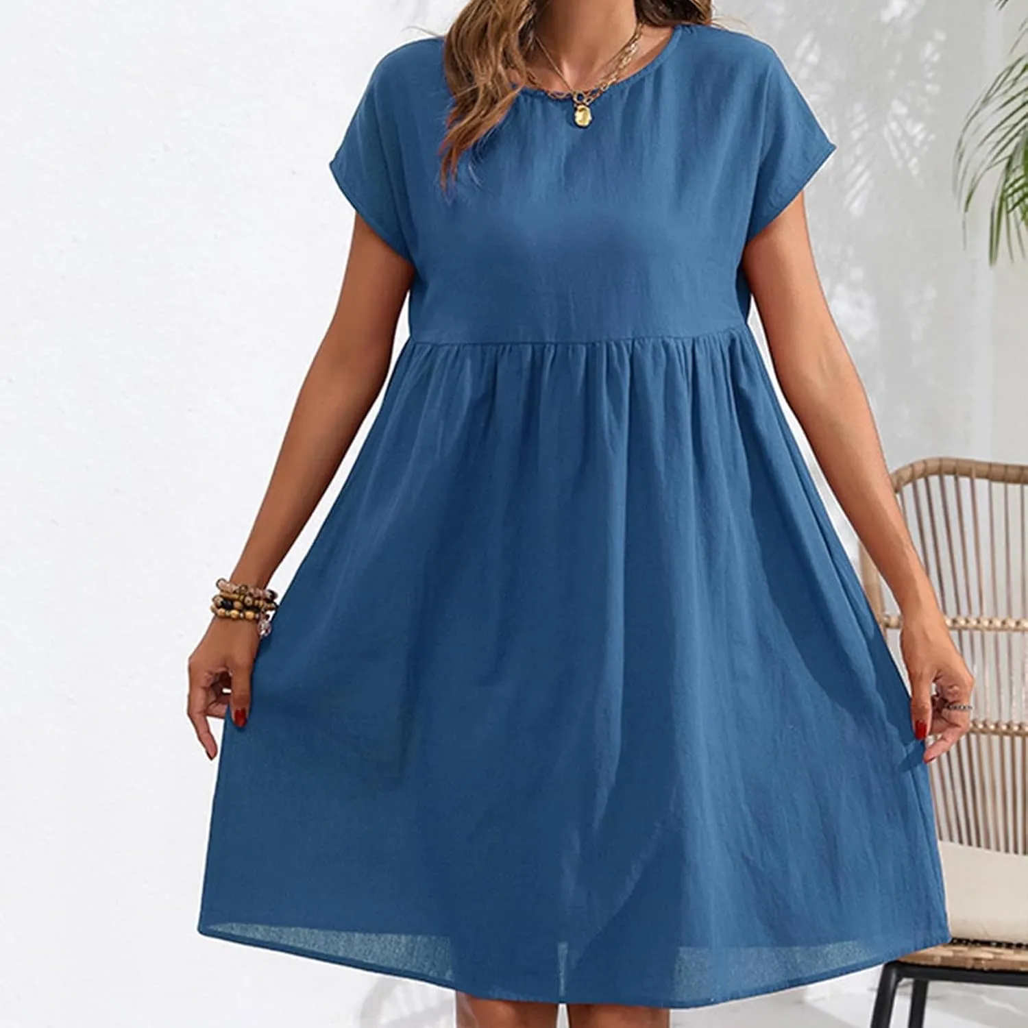 Cotton Linen Summer Midi Dresses for Women 2025 Vacation Casual Short Sleeve Crewneck Tshirt Dress A-Line Mini Dress