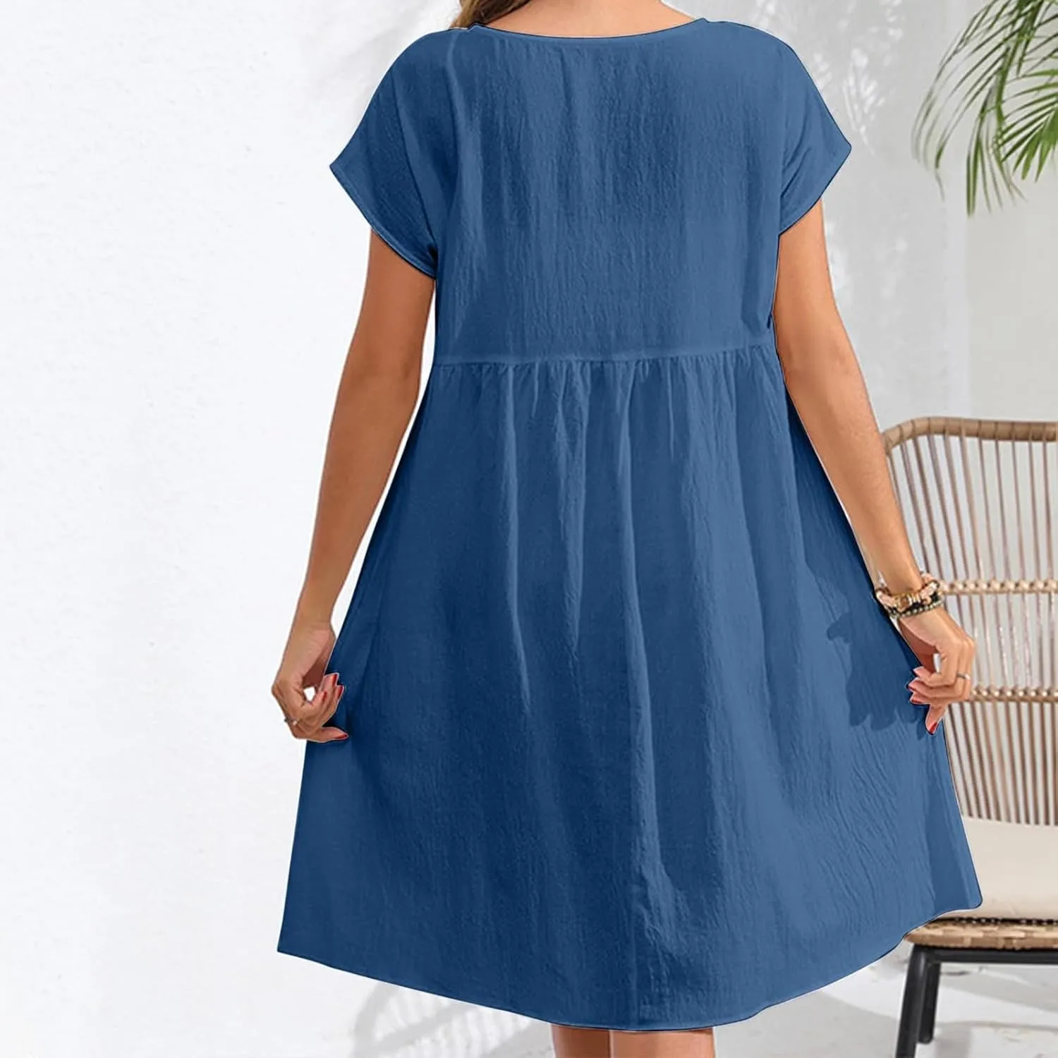 Cotton Linen Summer Midi Dresses for Women 2025 Vacation Casual Short Sleeve Crewneck Tshirt Dress A-Line Mini Dress