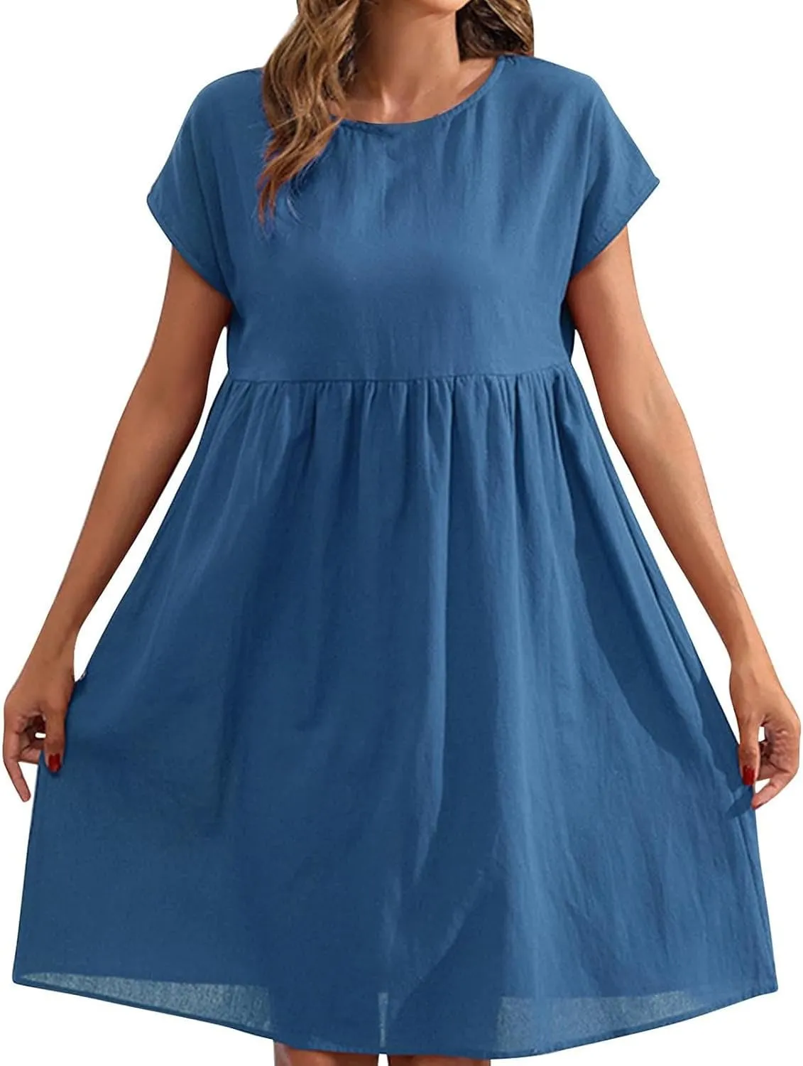 Cotton Linen Summer Midi Dresses for Women 2025 Vacation Casual Short Sleeve Crewneck Tshirt Dress A-Line Mini Dress