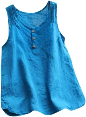 Cotton Linen Tank Tops for Women Scoop Neck Button Down Summer Basic Casual Sleeveless Loose Fit T-Shirt
