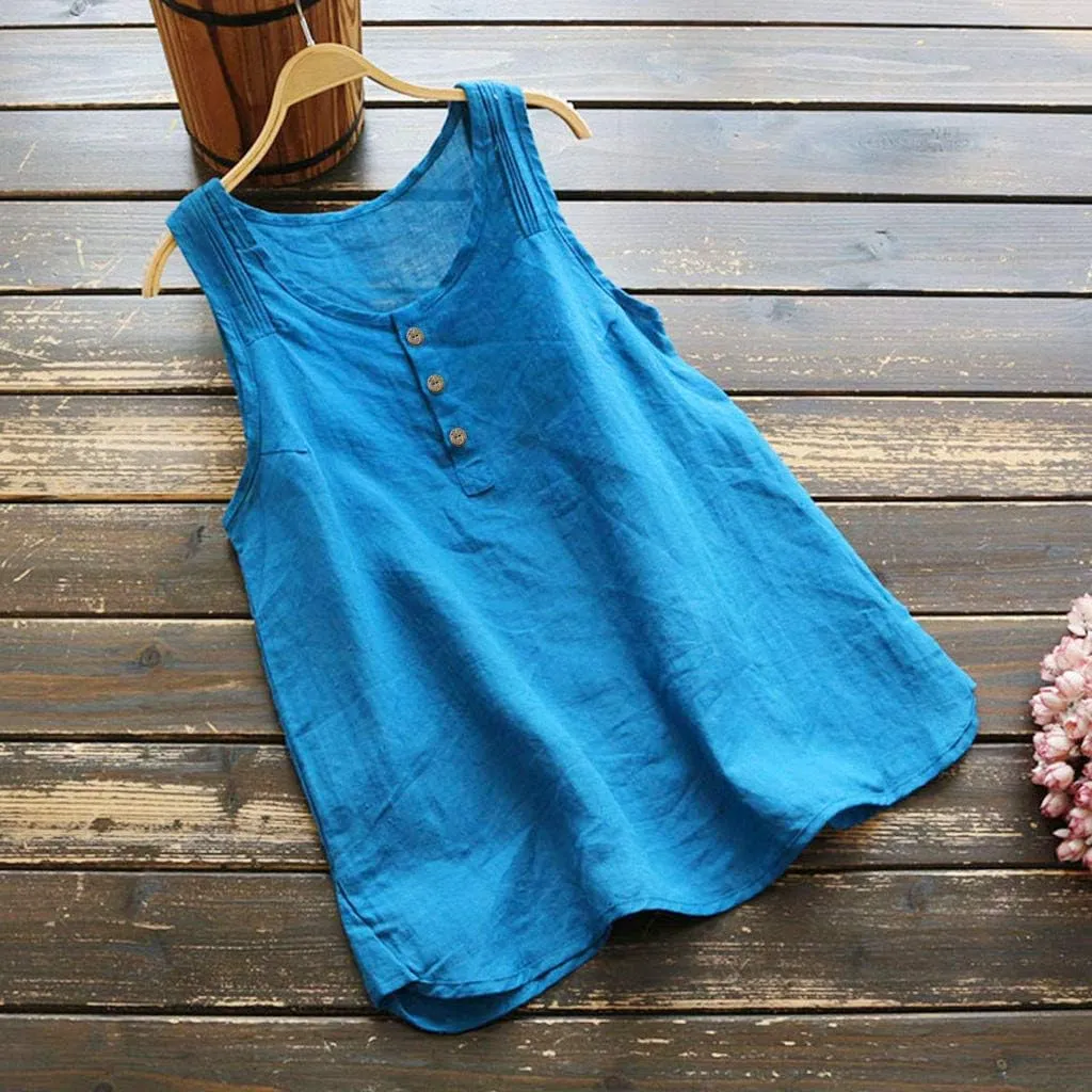 Cotton Linen Tank Tops for Women Scoop Neck Button Down Summer Basic Casual Sleeveless Loose Fit T-Shirt