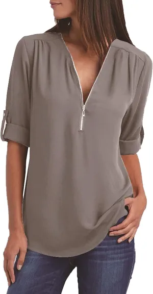 DASAYO Women's V Neck Zip Chiffon Tops Blouses Rolled Long Sleeve Loose Fit Shirts Top Comfy Fashion Casual Blouse Shirt