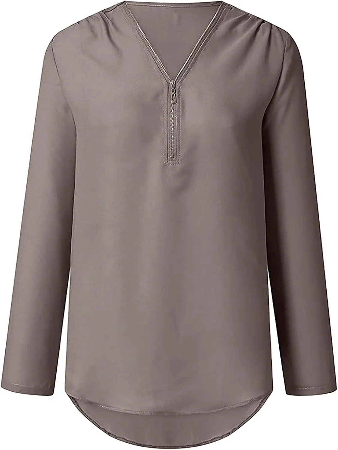 DASAYO Women's V Neck Zip Chiffon Tops Blouses Rolled Long Sleeve Loose Fit Shirts Top Comfy Fashion Casual Blouse Shirt
