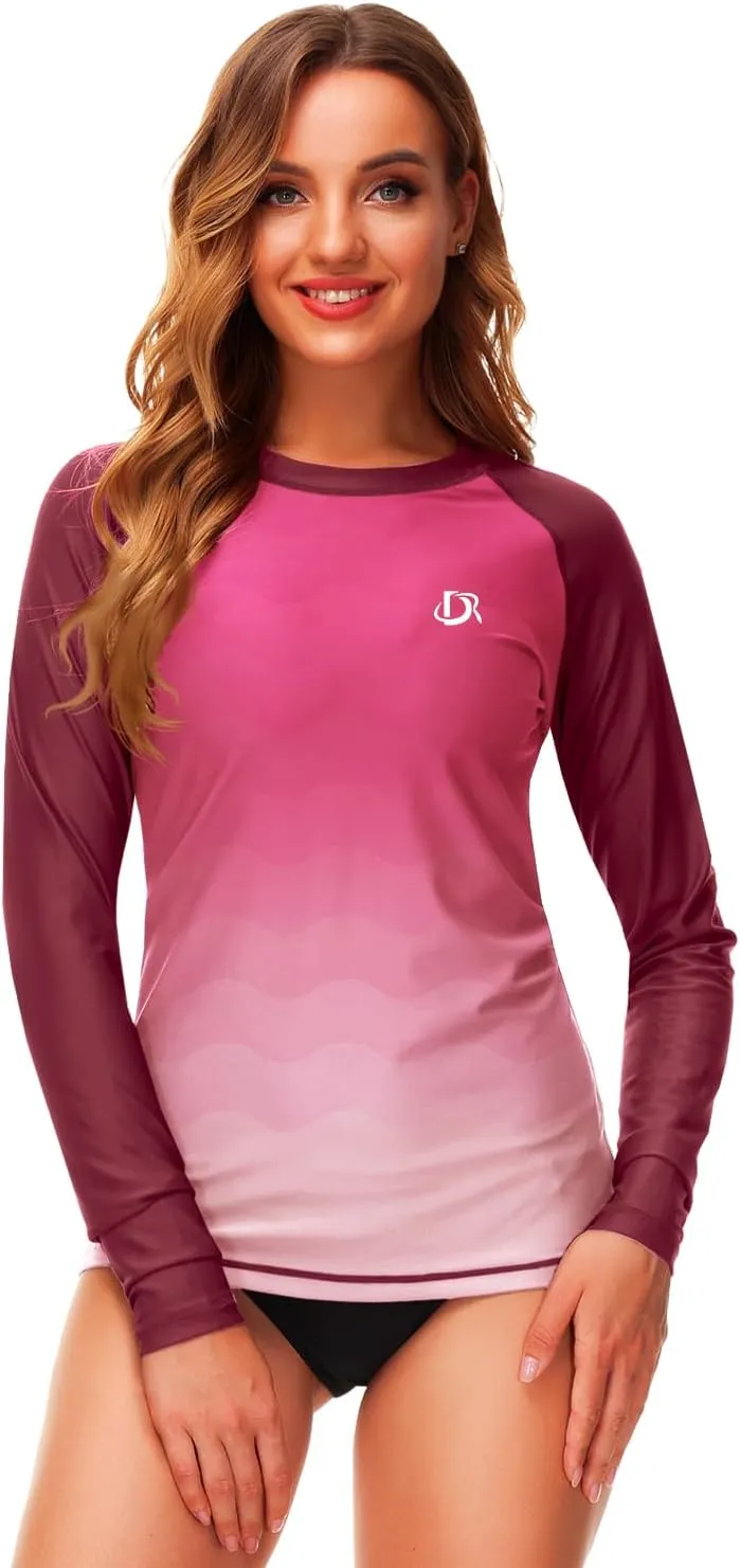 Deerose Womens Gradient Rash Guard UPF 50  Swim Shirts Surfing Top with Thumb Hole