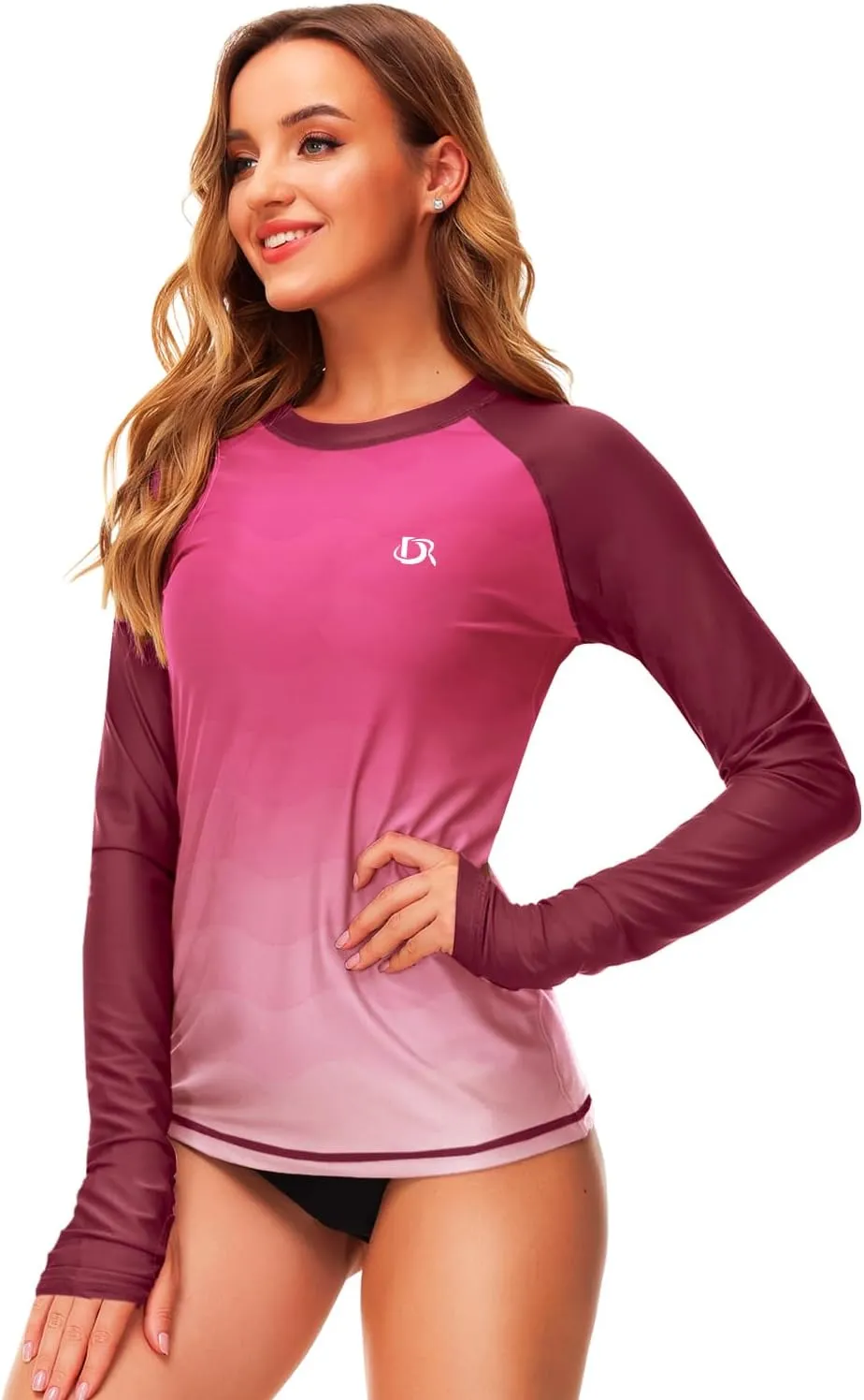 Deerose Womens Gradient Rash Guard UPF 50  Swim Shirts Surfing Top with Thumb Hole