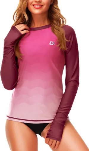 Deerose Womens Gradient Rash Guard UPF 50  Swim Shirts Surfing Top with Thumb Hole