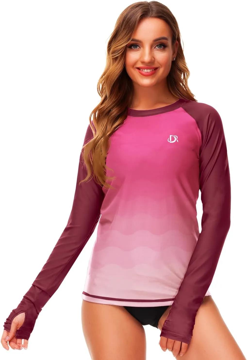 Deerose Womens Gradient Rash Guard UPF 50  Swim Shirts Surfing Top with Thumb Hole