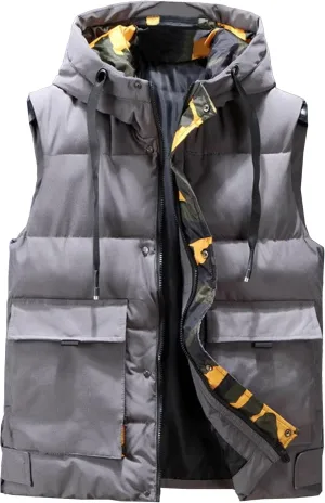 DGHM-JLMY Men Winter Thickening Tooling Hooded Down Vest Fashion Outdoor Hooded Puffer Cargo Vest Warm Down Coats Vest Pocket