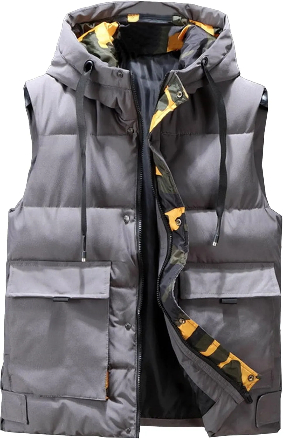 DGHM-JLMY Men Winter Thickening Tooling Hooded Down Vest Fashion Outdoor Hooded Puffer Cargo Vest Warm Down Coats Vest Pocket