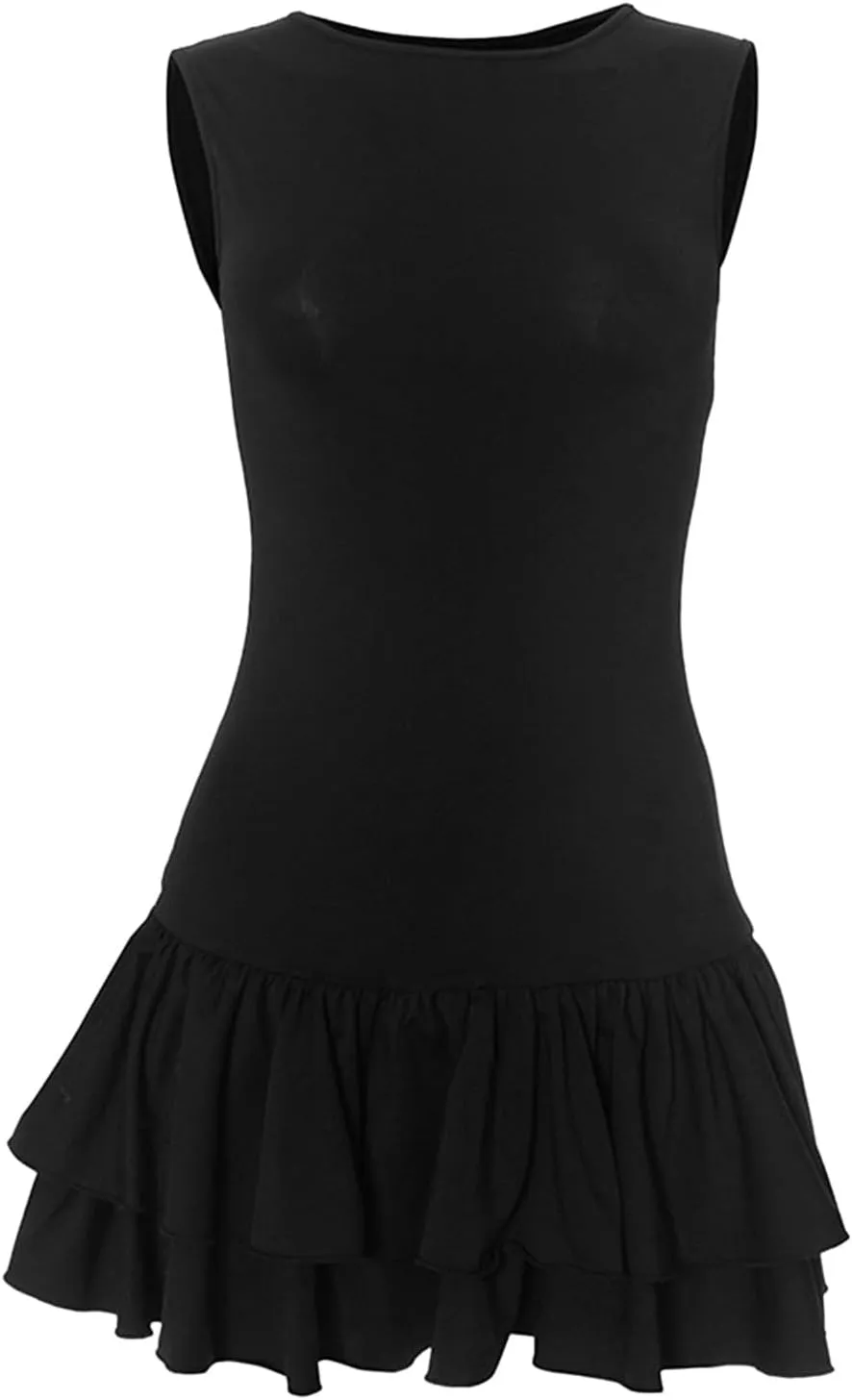 Dresses for Girls Mini Dress Double Layered Ruffle Hem Ruched Tiered Skirt Bodycon Sleeveless Tank Dresses