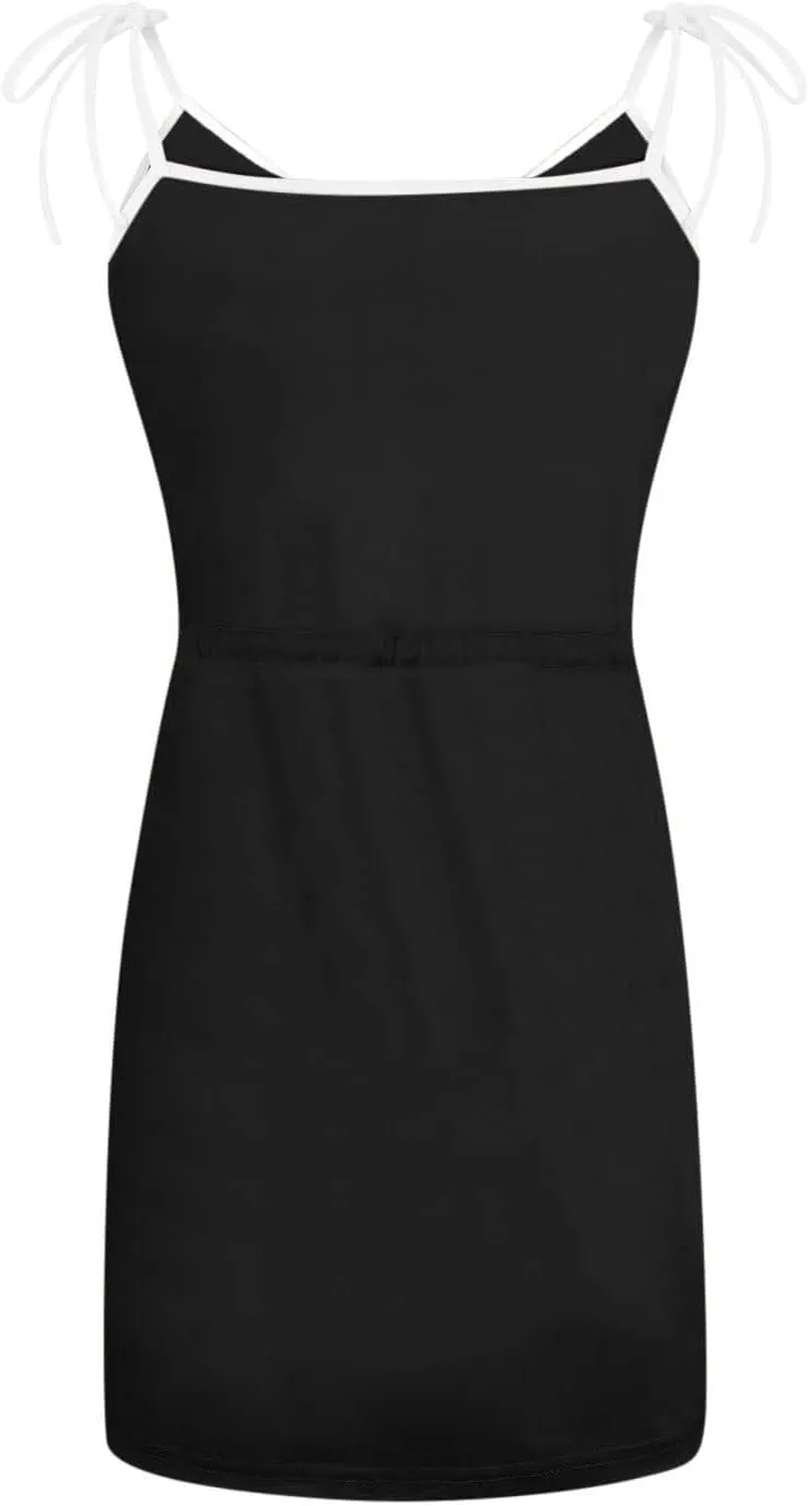 Dresses for Women 2024 Pockets Drawstring Tank Dresses Printed V Neck Mini Dresses Sleeveless Casual Beach Dress