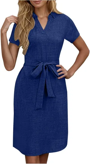 Dresses for Women 2025 Fashion Short Sleeve V Neck Elegant Summer Dressy Casual Business Ladies Midi Dress with Belt