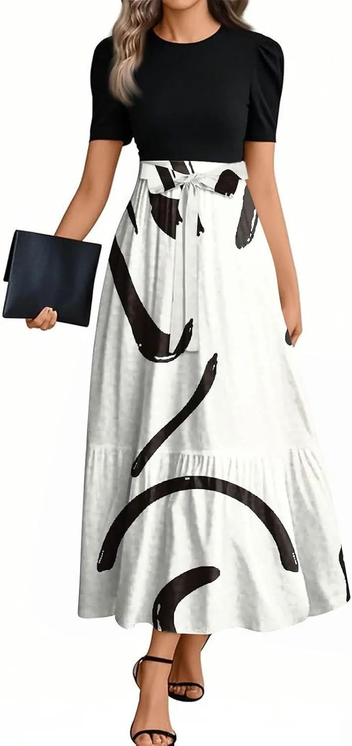 Dresses for Women 2025 Short Sleeve Round Neck Knee Length Dress Long Flowy Beach Dresses