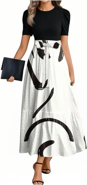 Dresses for Women 2025 Short Sleeve Round Neck Knee Length Dress Long Flowy Beach Dresses