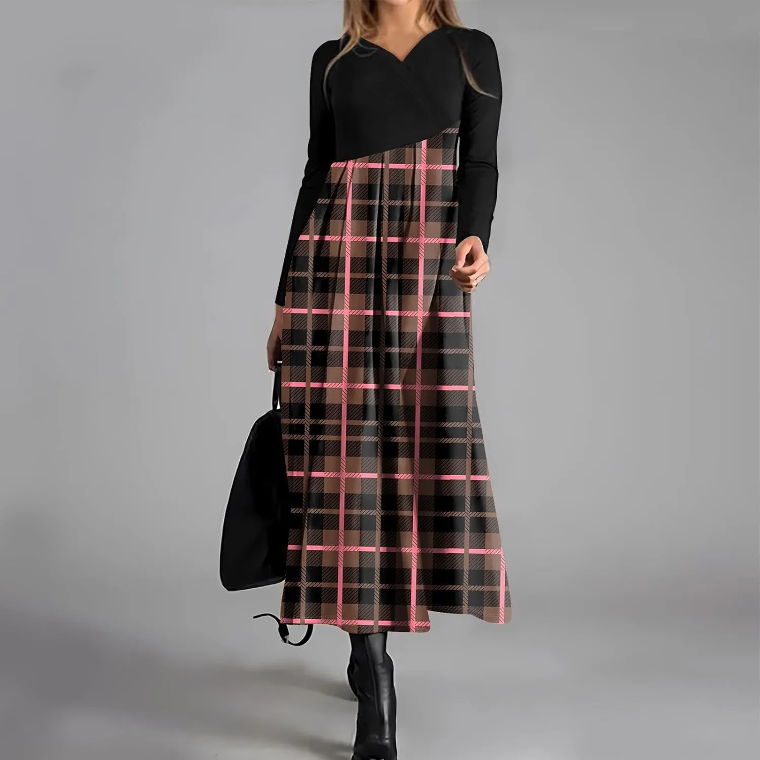 Dresses for Women 2025 Spring Midi V Neck Long Sleeve Tea Length Casual Cute Trendy Dressy Swing Dress