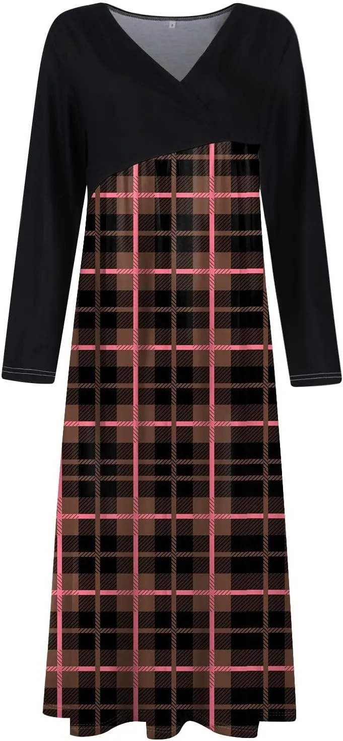 Dresses for Women 2025 Spring Midi V Neck Long Sleeve Tea Length Casual Cute Trendy Dressy Swing Dress