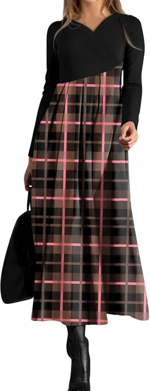 Dresses for Women 2025 Spring Midi V Neck Long Sleeve Tea Length Casual Cute Trendy Dressy Swing Dress