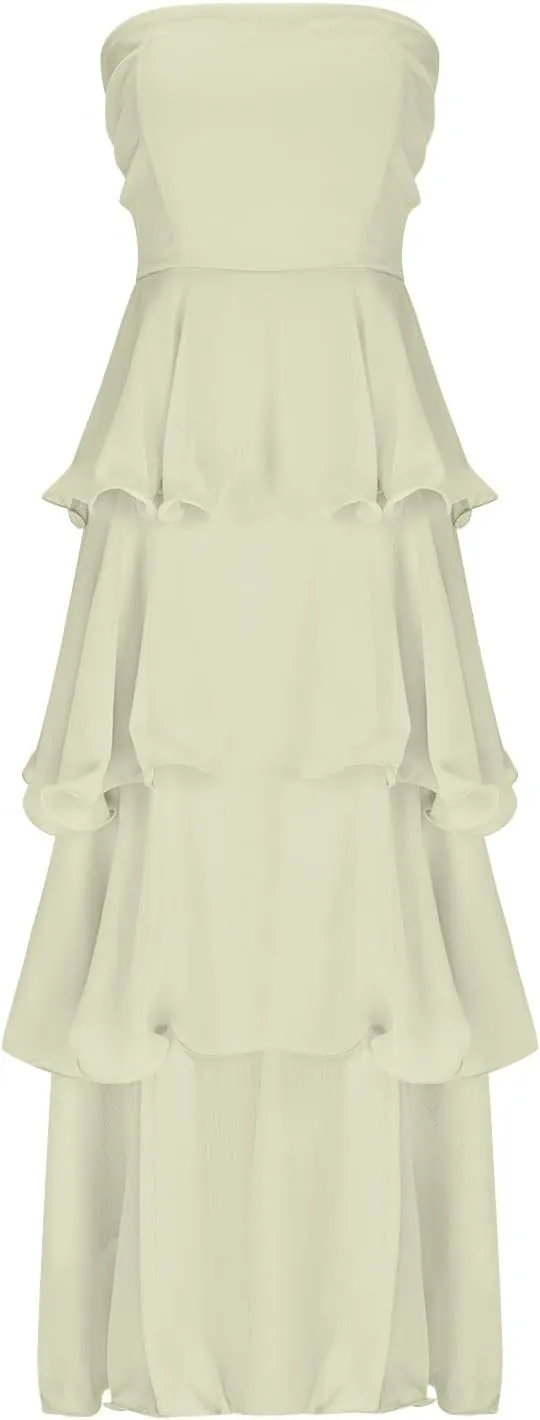 Elegant Cold Shoulder Dress for Women Ruffle Tiered Cake Maxi Dresses Plain Slim Party Dressy Outfits