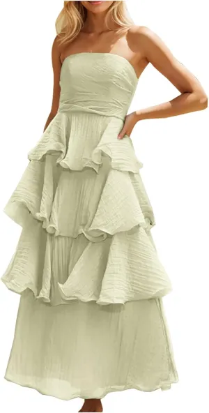 Elegant Cold Shoulder Dress for Women Ruffle Tiered Cake Maxi Dresses Plain Slim Party Dressy Outfits