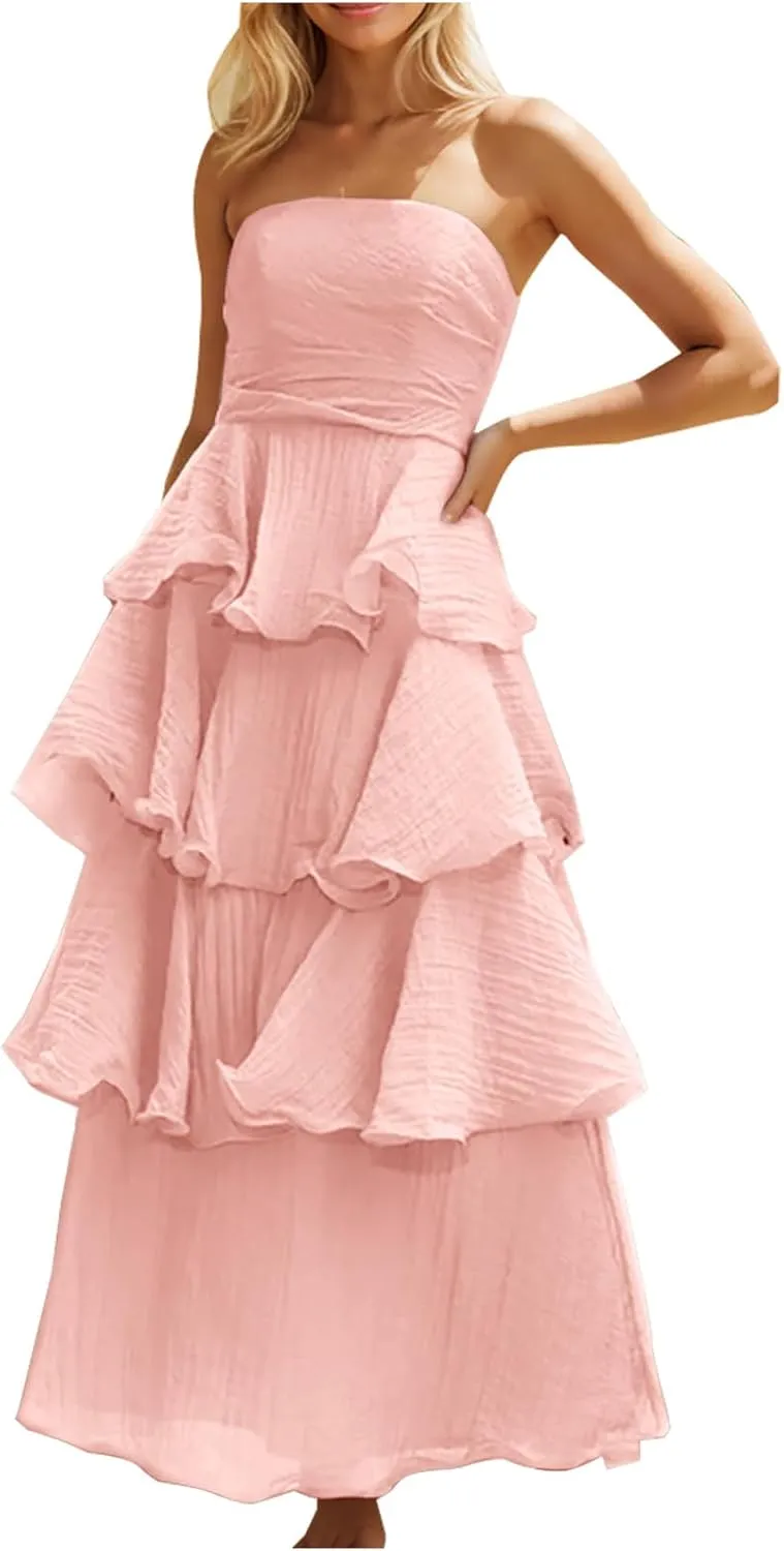 Elegant Cold Shoulder Dress for Women Ruffle Tiered Cake Maxi Dresses Plain Slim Party Dressy Outfits