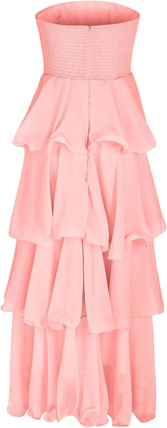 Elegant Cold Shoulder Dress for Women Ruffle Tiered Cake Maxi Dresses Plain Slim Party Dressy Outfits