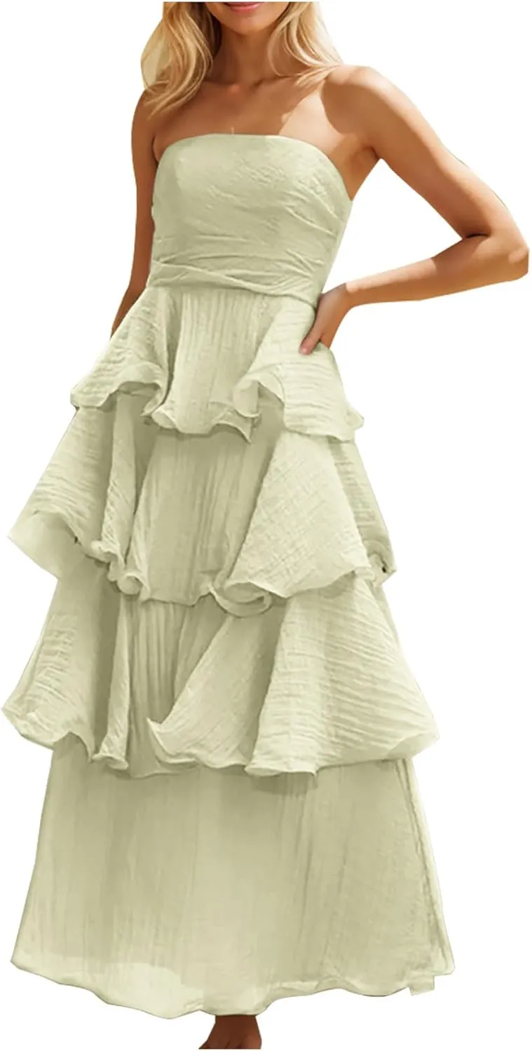 Elegant Cold Shoulder Dress for Women Ruffle Tiered Cake Maxi Dresses Plain Slim Party Dressy Outfits
