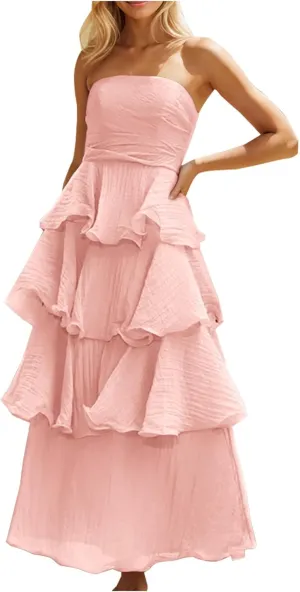 Elegant Cold Shoulder Dress for Women Ruffle Tiered Cake Maxi Dresses Plain Slim Party Dressy Outfits
