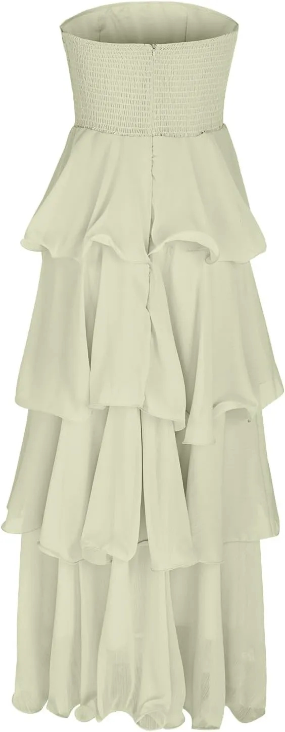 Elegant Cold Shoulder Dress for Women Ruffle Tiered Cake Maxi Dresses Plain Slim Party Dressy Outfits