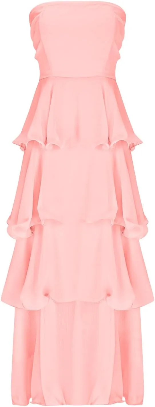 Elegant Cold Shoulder Dress for Women Ruffle Tiered Cake Maxi Dresses Plain Slim Party Dressy Outfits