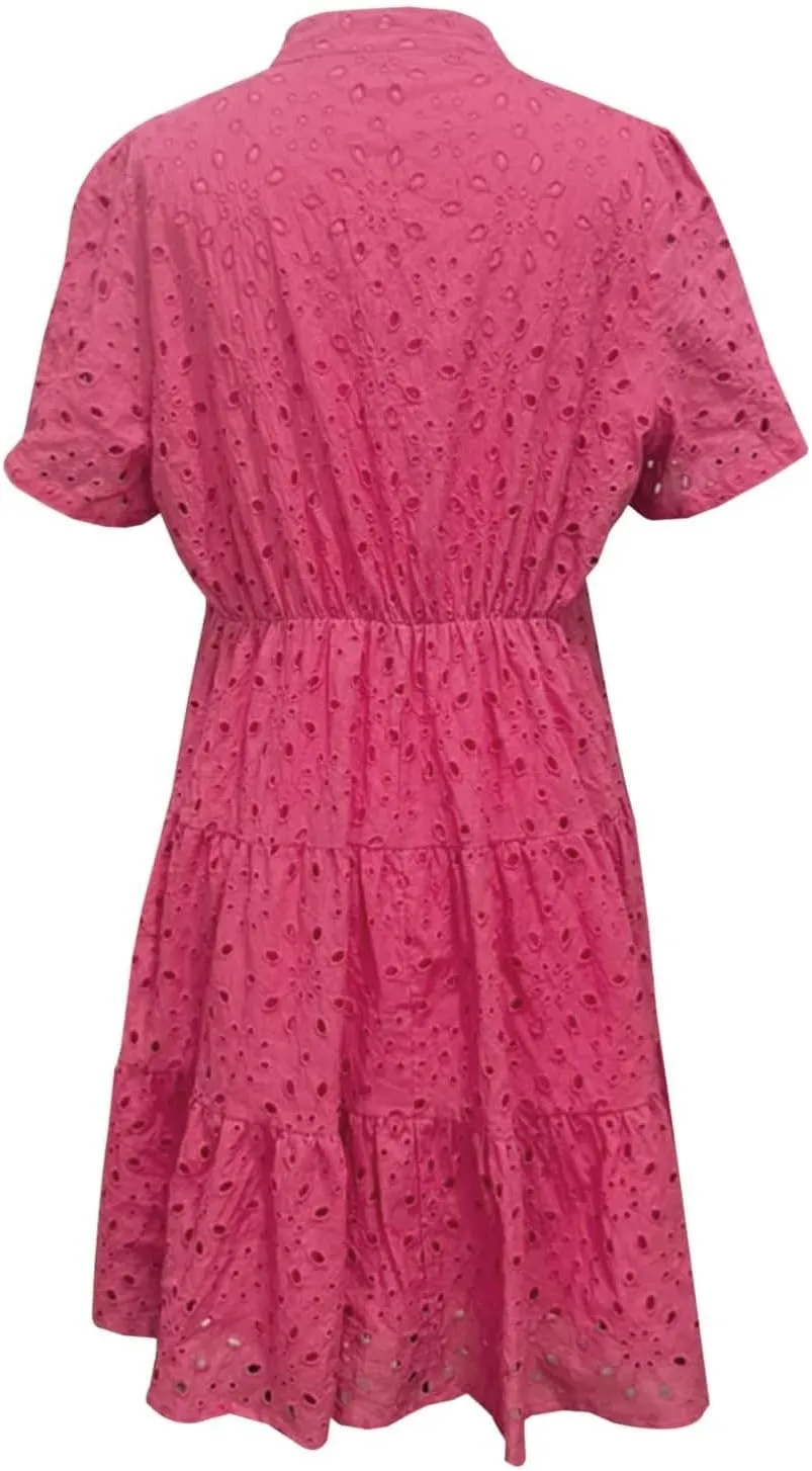 Eyelet Dresses for Women 2025 Summer Mini Dress Short Sleeve V Neck A Line Cocktail Short Sundress Beach Vacation