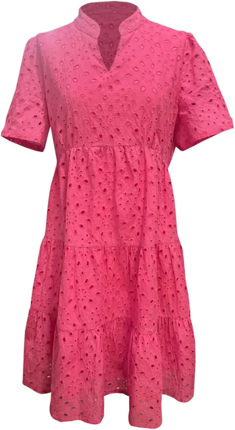 Eyelet Dresses for Women 2025 Summer Mini Dress Short Sleeve V Neck A Line Cocktail Short Sundress Beach Vacation