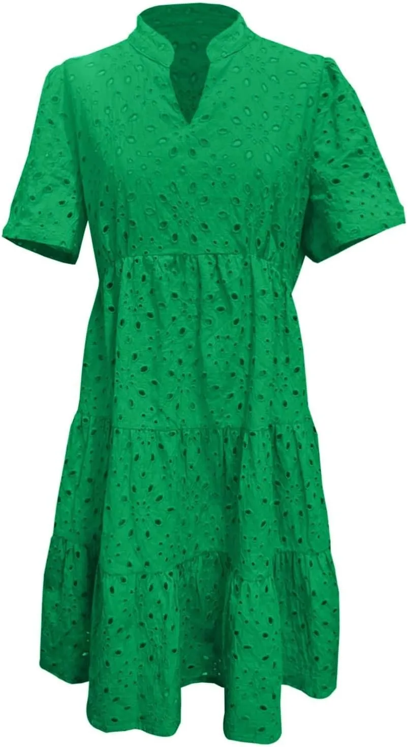 Eyelet Dresses for Women 2025 Summer Mini Dress Short Sleeve V Neck A Line Cocktail Short Sundress Beach Vacation