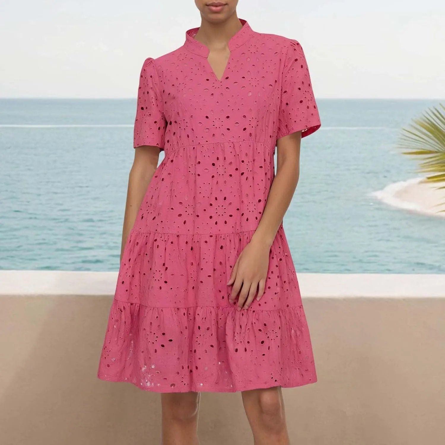 Eyelet Dresses for Women 2025 Summer Mini Dress Short Sleeve V Neck A Line Cocktail Short Sundress Beach Vacation