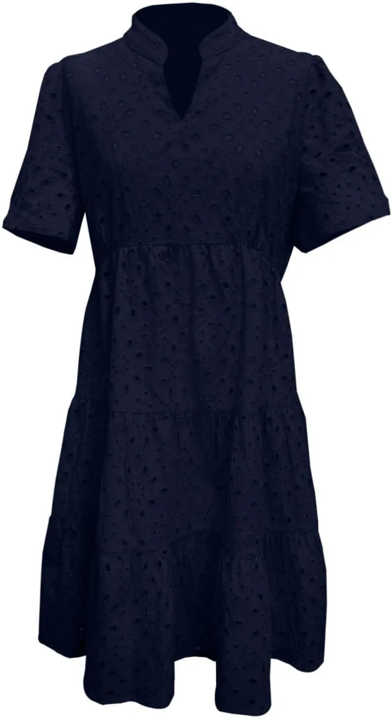 Eyelet Dresses for Women 2025 Summer Mini Dress Short Sleeve V Neck A Line Cocktail Short Sundress Beach Vacation