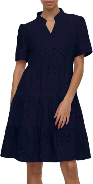 Eyelet Dresses for Women 2025 Summer Mini Dress Short Sleeve V Neck A Line Cocktail Short Sundress Beach Vacation