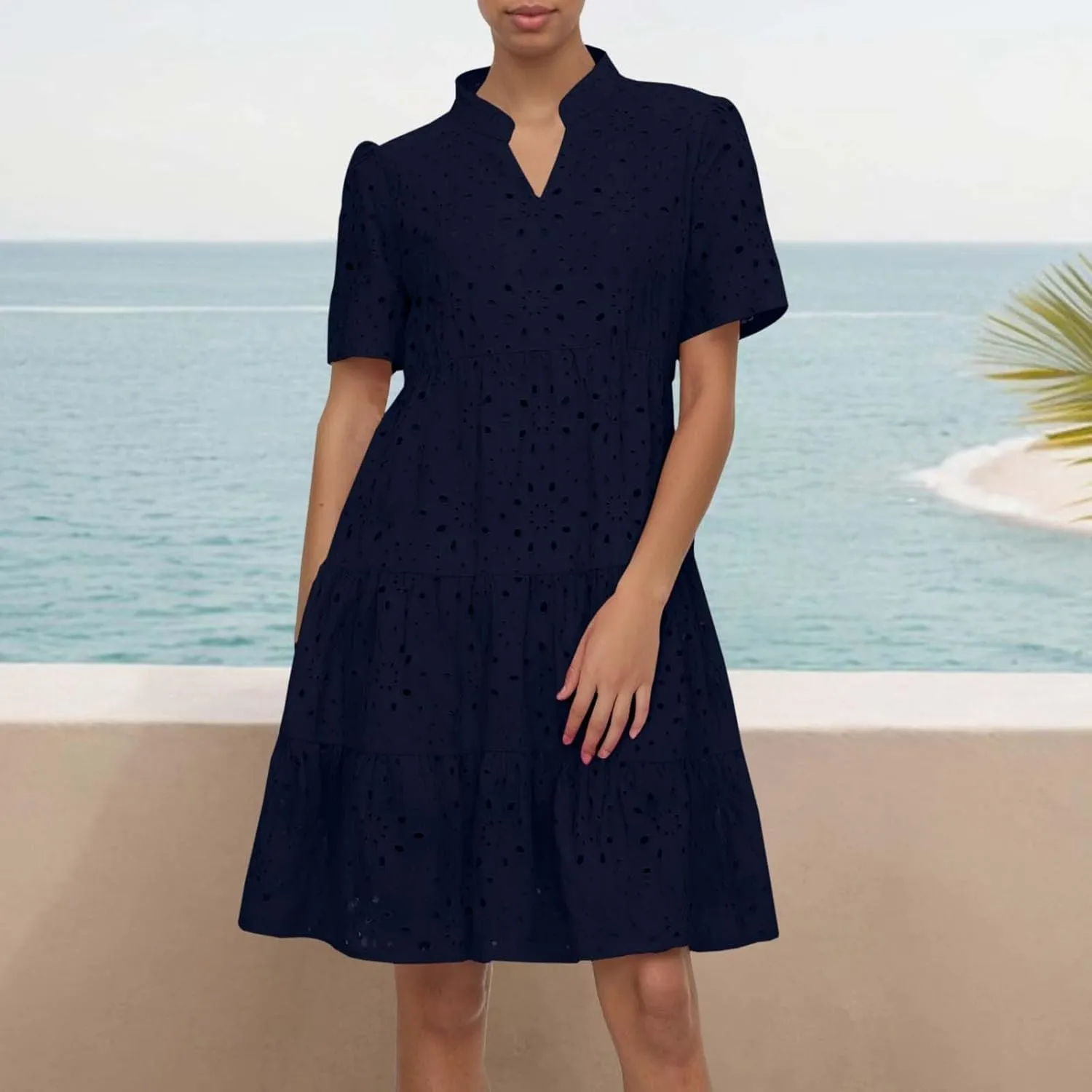 Eyelet Dresses for Women 2025 Summer Mini Dress Short Sleeve V Neck A Line Cocktail Short Sundress Beach Vacation
